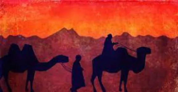 One man riding a camel, with a man behind him walking with his camel in a desert with red background