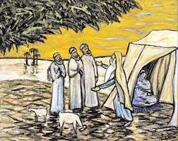 Avraham Avinu in front of his tent welcoming guests