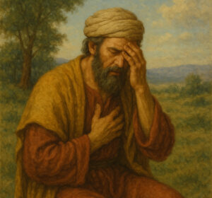 Bibically dressed man holding his head in his hand as he shows remorse