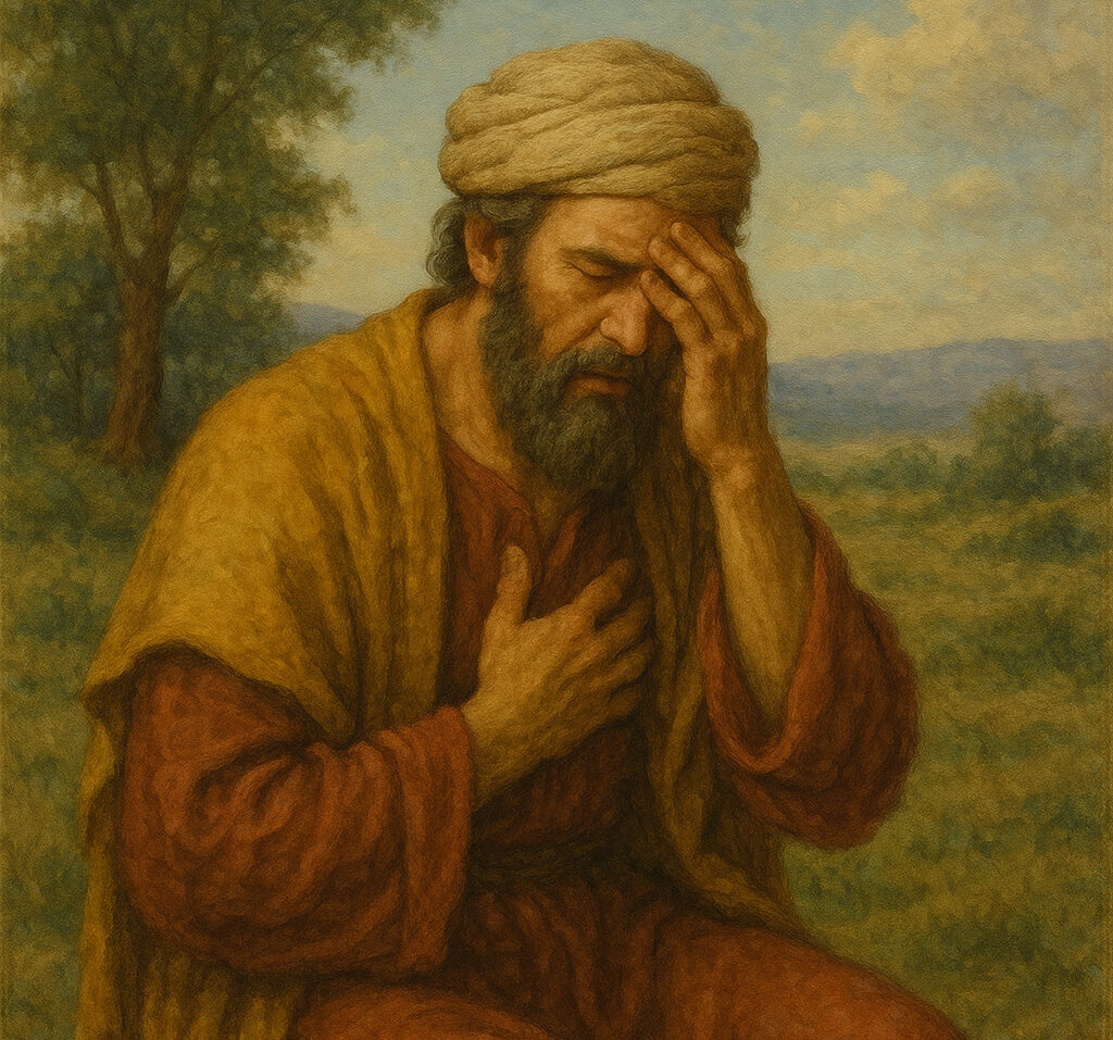 Bibically dressed man holding his head in his hand as he shows remorse