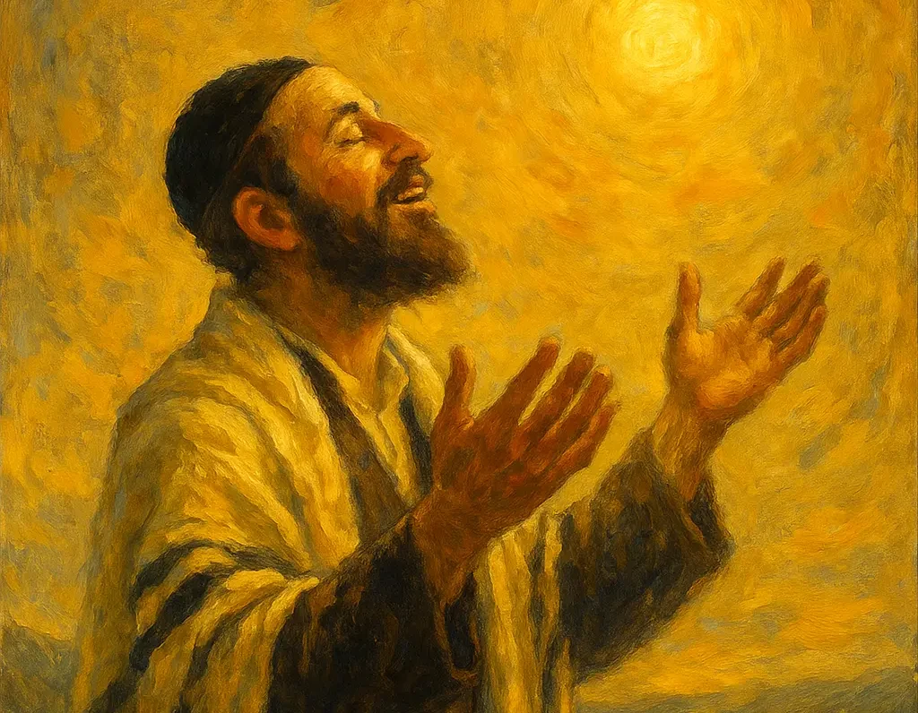 Oil painting of a Jewish man in a tallit standing outdoors at sunset, eyes closed and hands raised in prayerful joy. Warm golden light radiates from above, symbolizing divine presence and inner peace, with expressive brushstrokes evoking spiritual elevation and connection to HaShem
