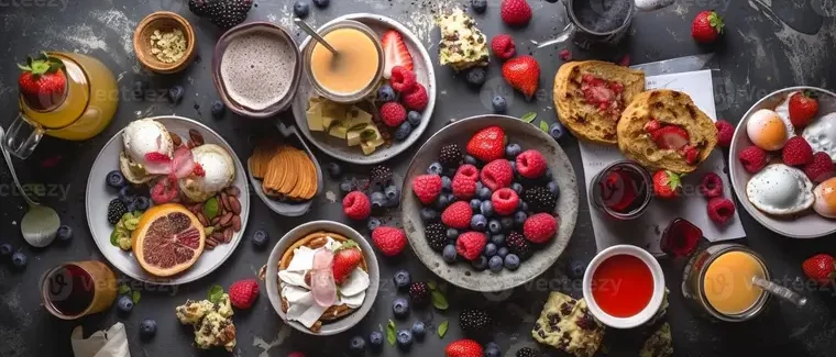 Breakfast table spread with berries, pancakes, fruit, coffee