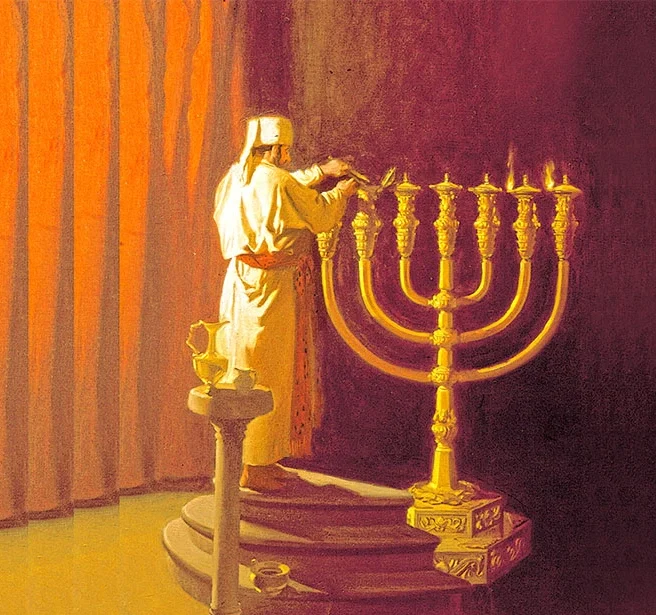 Kohen Lighting the menorah in beit Hamikdash painting