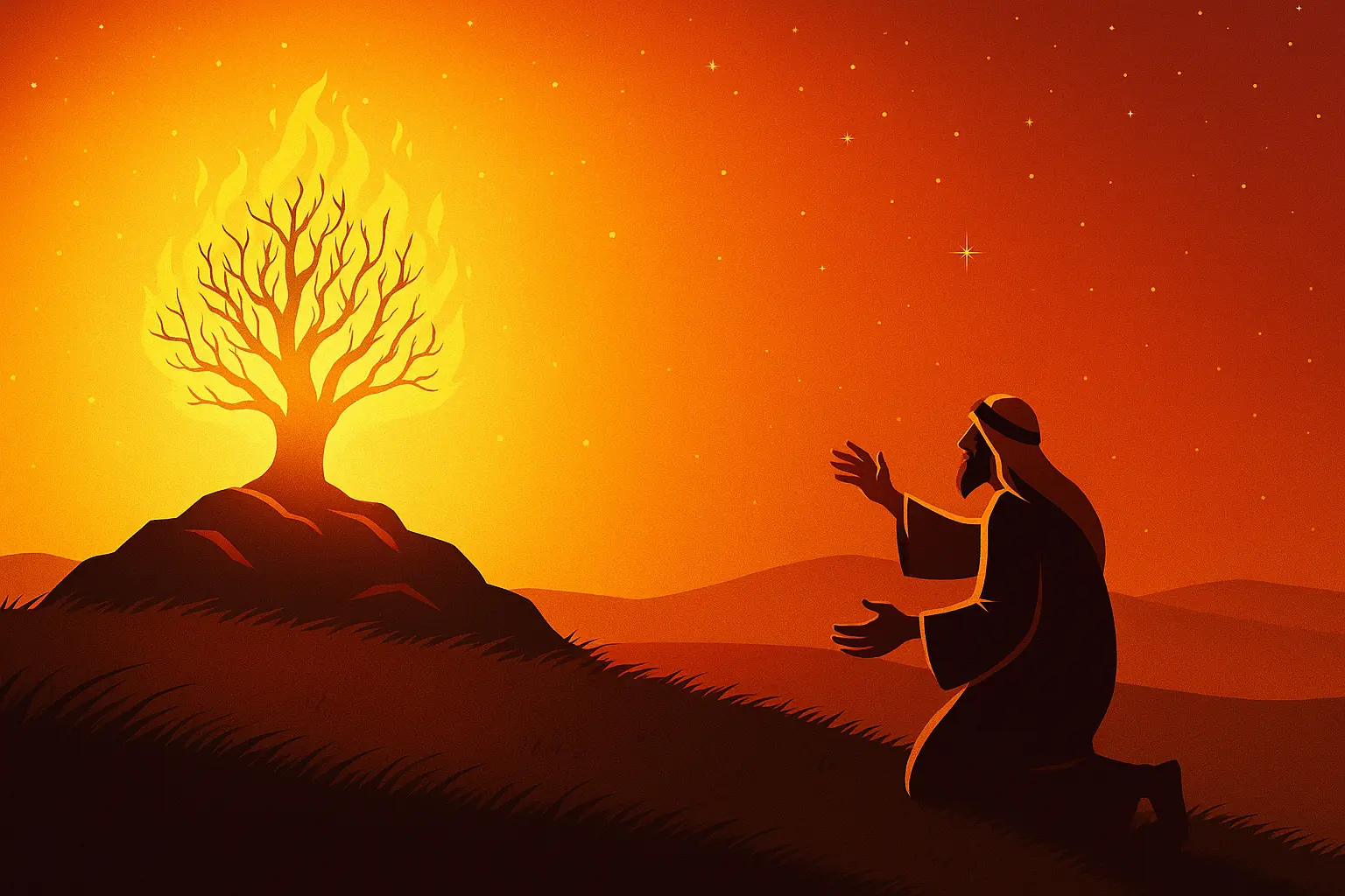 Moses kneels on a hillside at night, reaching toward a glowing burning bush atop a rocky mound under a starry orange sky.
