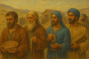 Oil-painting of ancient Israelite men lined up, holding gold jewelry and materials as contributions for building the Mishkan in the desert.