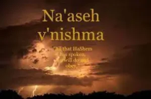 Lightening coming down from the sky and the words Na'aseh V'nishma written across