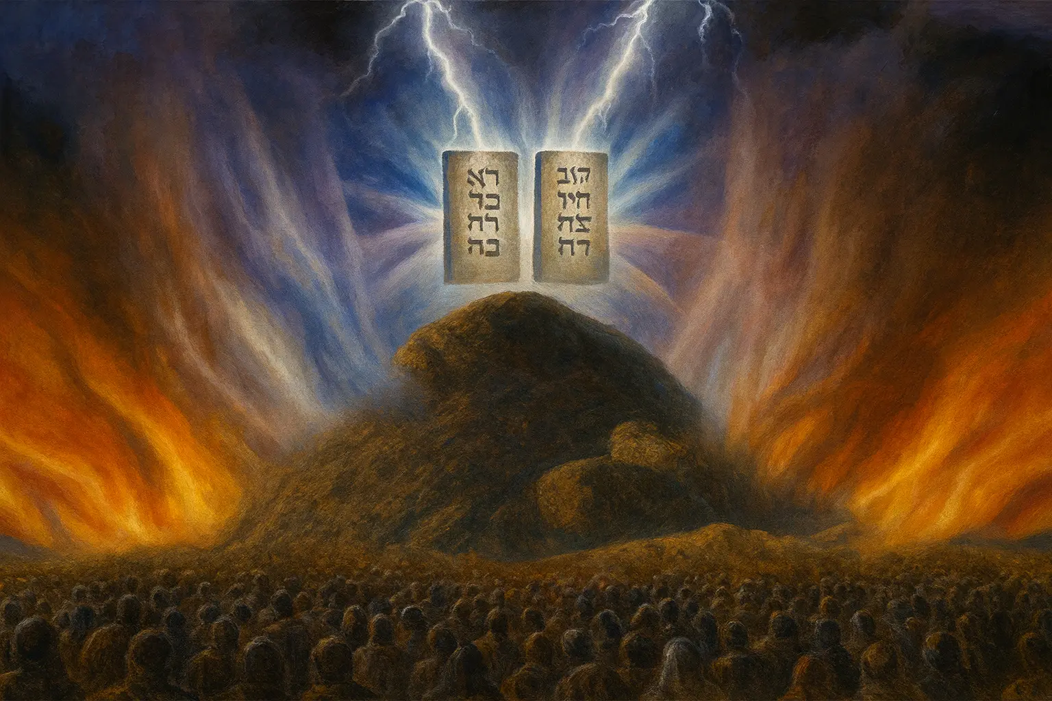 10 commandments on top of Har Sinai with lightening coming down from the sky