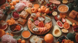 Table with an array of different types of food- fruit, cheese, dips, bread