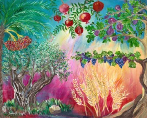 7 fruits of Israel painting with pomegranates, dates, olives, wheats, and figs