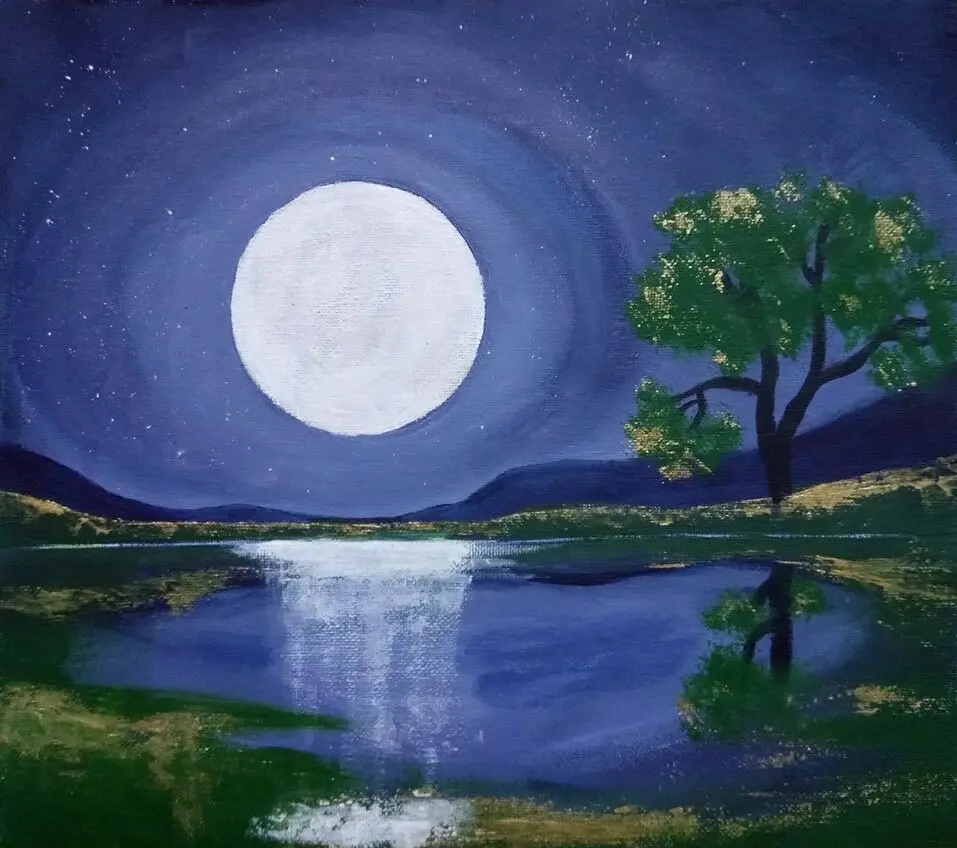 Full moon over lake and mountains with a tree painting