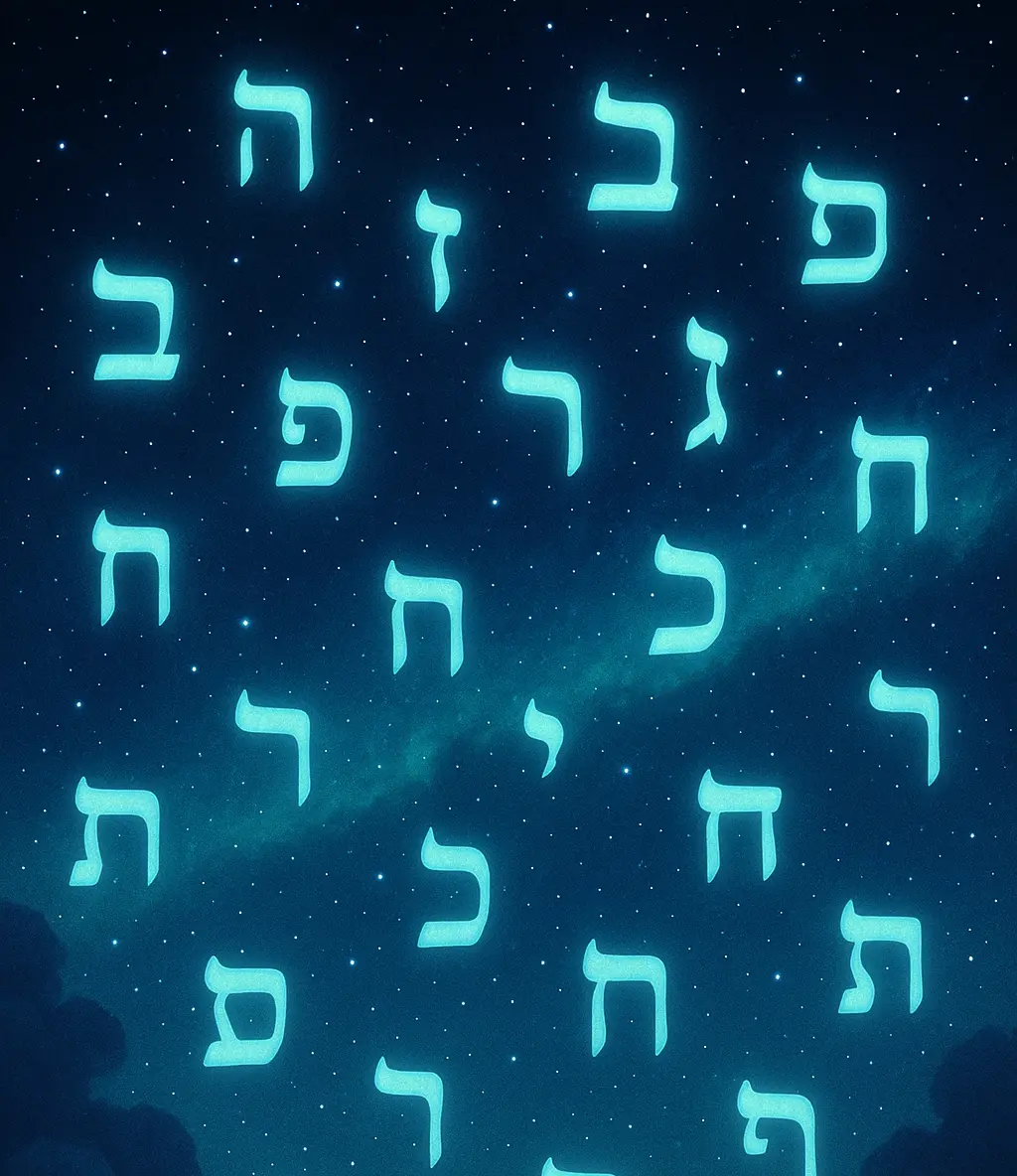 Glowing Hebrew letters float across a starry night sky, teal-blue against deep indigo, with faint clouds and a Milky Way band behind them.
