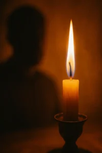 Single candle flame glowing warmly in a dark room, with a blurred human silhouette behind it, symbolizing the soul as a divine light.