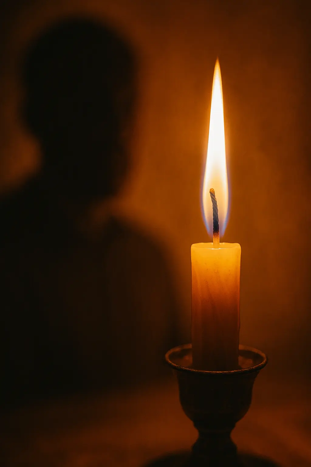 Single candle flame glowing warmly in a dark room, with a blurred human silhouette behind it, symbolizing the soul as a divine light.