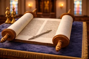 An open Torah scroll rests on the bimah inside a synagogue, its Hebrew text visible on parchment, with a silver yad placed across the scroll and a blue velvet cloth beneath it, softly lit by the sanctuary in the background.