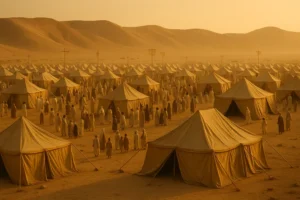 Desert encampment with rows of beige tents and people in ancient clothing, set against sand dunes at sunset.