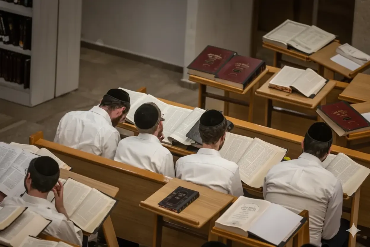 High-angle view of yeshiva students in white shirts and kippahs studying Torah texts in a Beit Midrash