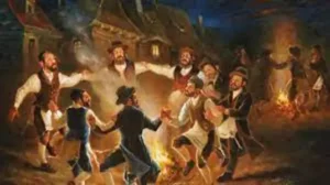 Lag Bomer painting Men dancing around a bonfire