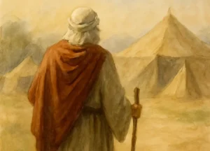Elderly biblical man facing away from the viewer at the edge of a desert camp, holding a staff and wearing a cloak.