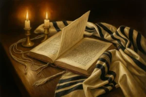 Tallit, Siddur, and Lit candles on a table