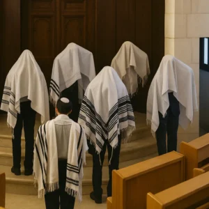 Group of Kohanim standing on the bimah with tallitot pulled over their heads as they recite Birkat Kohanim, the Priestly Blessing, in a synagogue.