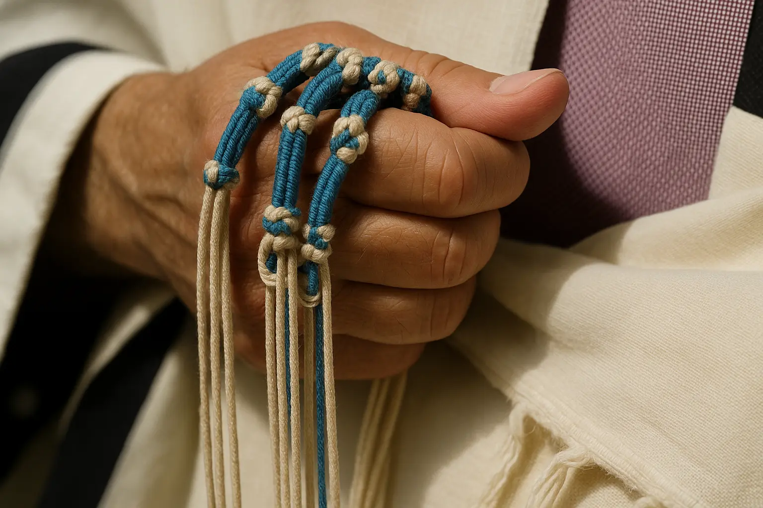 Close-up of a hand holding blue-and-white tzitzit (ritual fringes) against a prayer shawl.