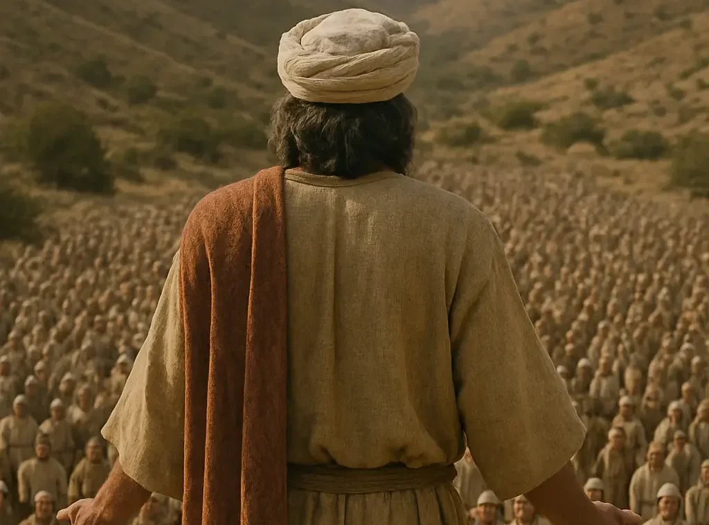 A biblical man stands on a rocky cliff facing a massive crowd gathered in a desert valley