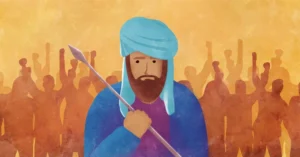 Pinchas holding a spear in his hand