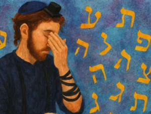 Man saying Shema and wearing Tefillin with Hebrew letters next to him