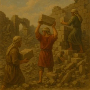 Bibical men rebuilding from destruction