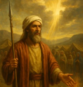 Pinchas holding a spear in his hand