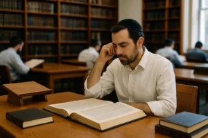 Beit Midrash scene—Jewish man in a white shirt studies an open Talmud at a wooden table; bookshelves and other learners in the background, daylight streaming in.