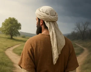 A realistic image of a man in biblical clothing standing at a crossroads in a desert-like landscape. He faces away from the viewer, looking toward two diverging paths—one bathed in warm sunlight and the other shadowed under dark clouds. The man’s robe and head covering evoke an ancient, spiritual setting, symbolizing contemplation and moral choice.