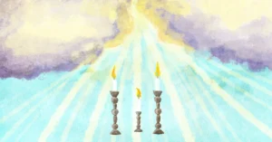 Painting of shabbos candles below a cloud with light shining down