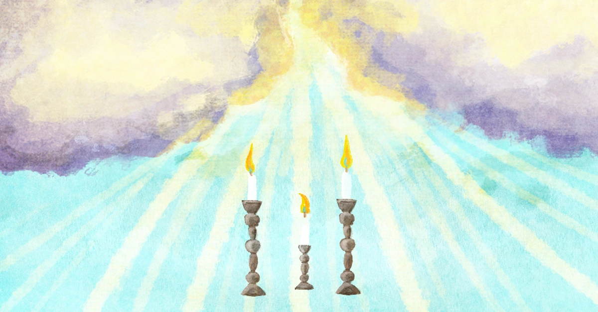 Painting of shabbos candles below a cloud with light shining down