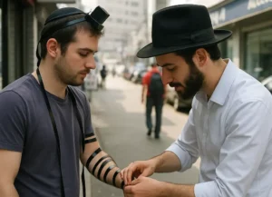 Guy putting tefillin on someone else
