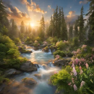 Sky with a setting sun and pink clouds, and a perfect view of green trees and a stream