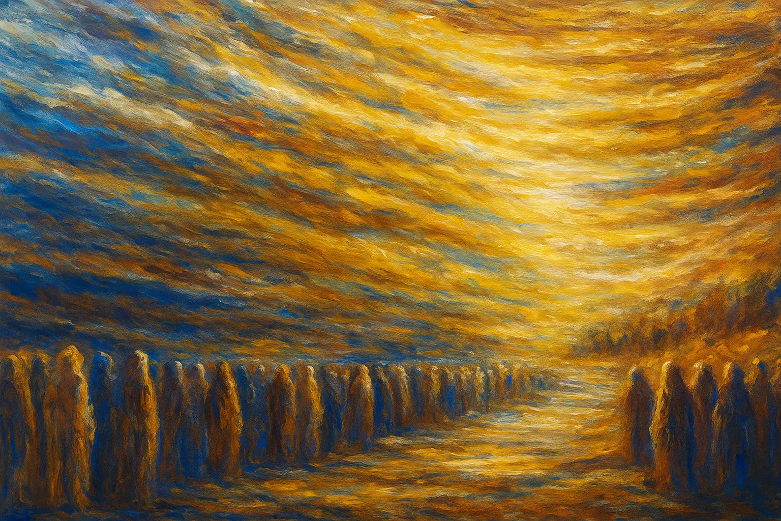 Impressionist oil painting depicting a multitude of figures standing on either side of a glowing desert pathway beneath a radiant, swirling sky of gold, blue, and white. The dynamic brushstrokes and luminous light evoke divine presence, unity, and spiritual transcendence.