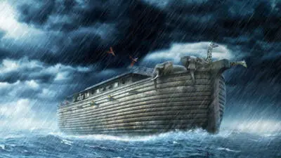 Noach's boat in the water while it is raining