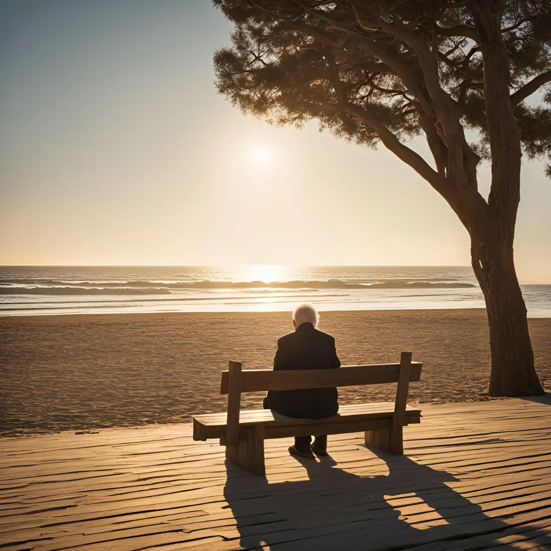 Man sitting on a bench by the beach watching the waves