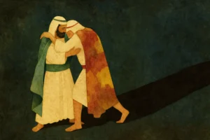 llustration of two biblical brothers embracing, symbolizing reconciliation and forgiveness, inspired by Torah stories such as Jacob and Esau, painted in warm earthy tones on a dark textured background