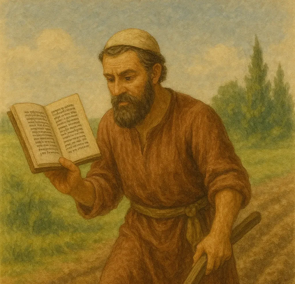 Man plowing the ground while learning gemara