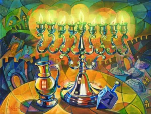 Abstract painting of Hanukkah in jerusalem with menora, oil jug and dreidal