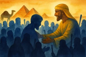 Watercolor illustration of Joseph in a golden robe warmly embracing one of his brothers amid blue silhouettes under a glowing desert sky with pyramids and a camel, symbolizing forgiveness and spiritual clarity.