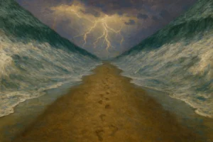 Realistic digital artwork of the Red Sea parting, showing a dry sandy path between towering walls of water under a stormy sky with lightning, symbolizing the biblical miracle of Moshe and the Exodus.
