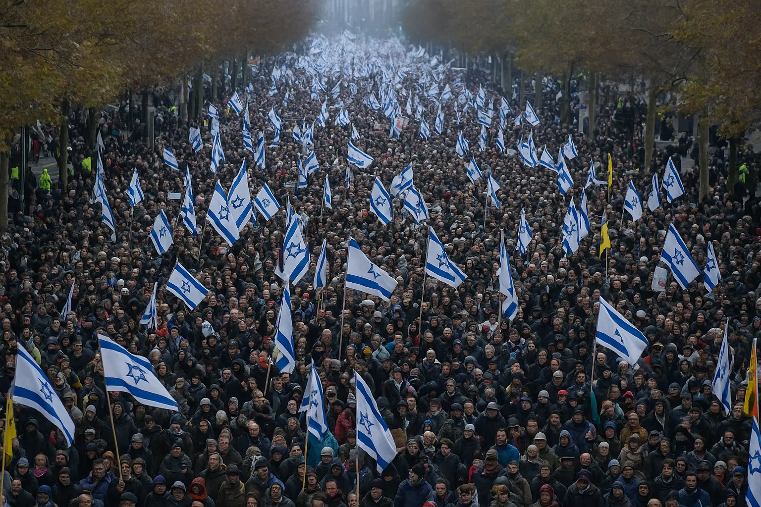 Group of Jews united waving Israeli flags