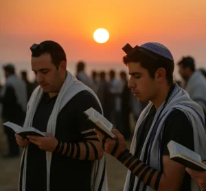 Jewish Men praying as the sun is rising outside