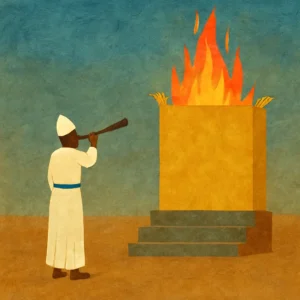 Stylized painting of a Kohen in white robes blowing a shofar before a large golden mizbeach with flames rising, stone steps at the base, desert sky behind.