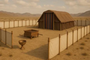 Ancient Israelite Mishkan in the desert with linen courtyard fence, bronze altar, and colorful entrance curtain