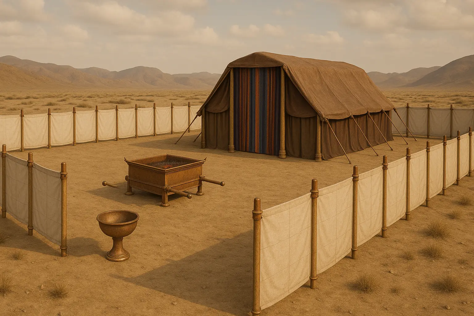 Ancient Israelite Mishkan in the desert with linen courtyard fence, bronze altar, and colorful entrance curtain