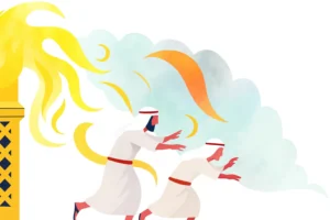 Abstract illustration of two biblical figures in white robes running away from a golden altar engulfed in swirling yellow flames and smoke, symbolizing the fatal mistake of Nadav and Avihu offering unauthorized fire before God.